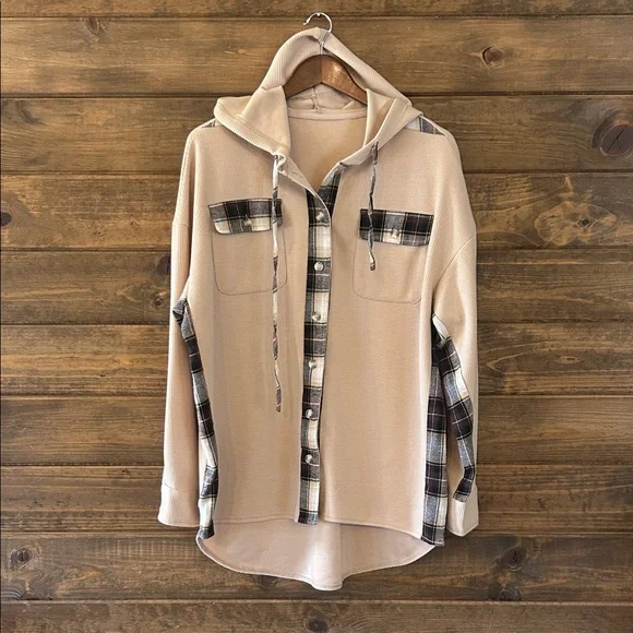 Plaid Accent Waffle Button Down Shirt - Tan - Picture 2 of 7